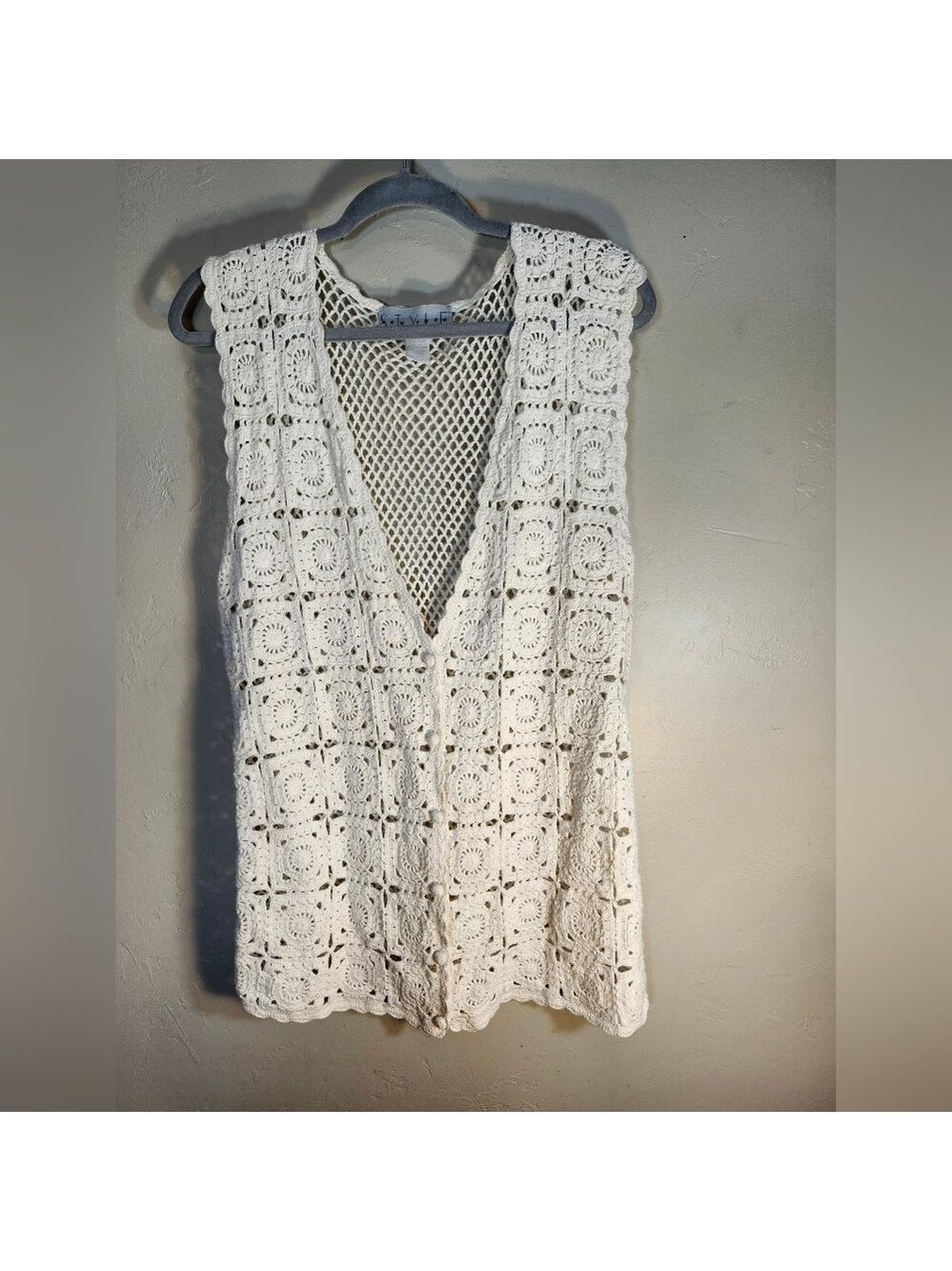 Style New York Granny Square Vest Crochet Lace White Button Down Sz M